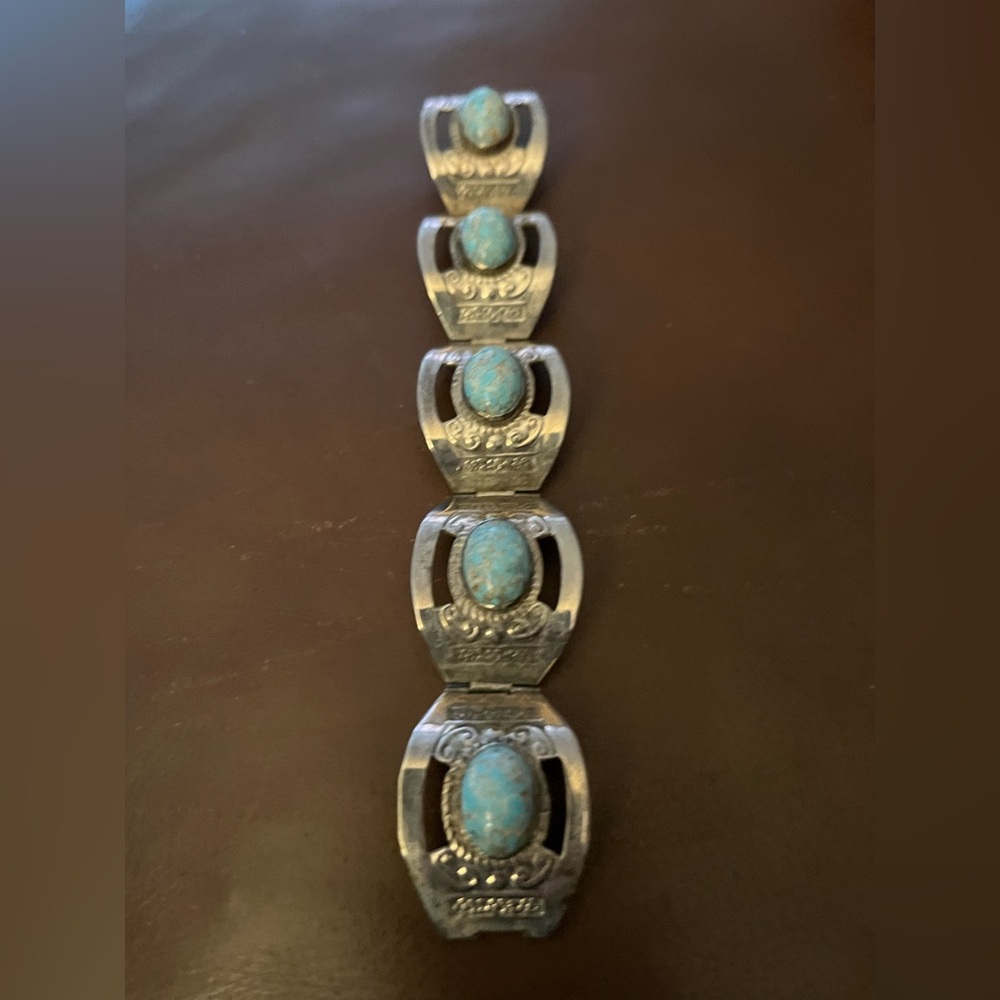Vintage Mexican Sterling Silver Bracelet W Turquoise 6 inches